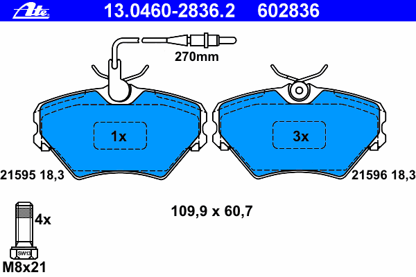 Комплект тормозных колодок, дисковый тормоз ATE 13.0460-2836.2