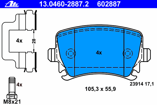 Комплект тормозных колодок, дисковый тормоз ATE 13.0460-2887.2
