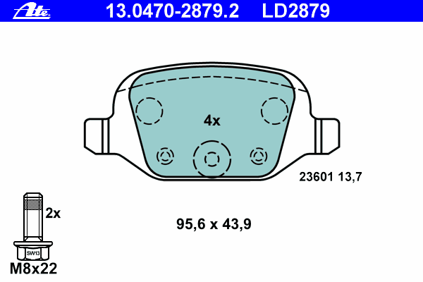 Комплект тормозных колодок, дисковый тормоз ATE 13.0470-2879.2