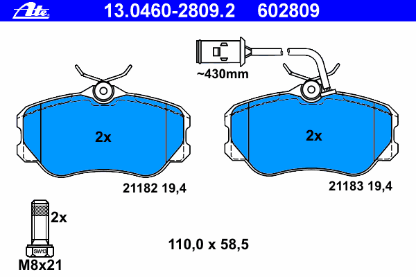 Комплект тормозных колодок, дисковый тормоз ATE 13.0460-2809.2