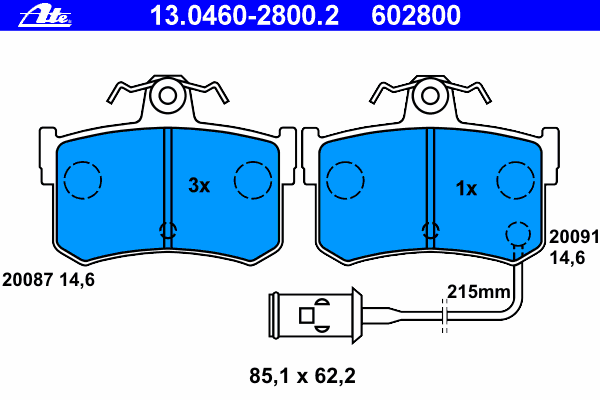 Комплект тормозных колодок, дисковый тормоз ATE 20087