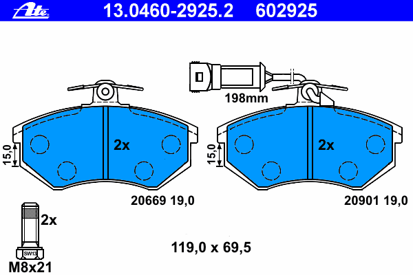 Комплект тормозных колодок, дисковый тормоз ATE 20669