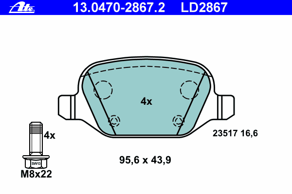 Комплект тормозных колодок, дисковый тормоз ATE 13.0470-2867.2