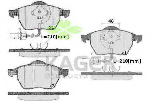Комплект тормозных колодок, дисковый тормоз KAGER 350214