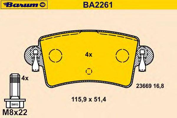 Комплект тормозных колодок, дисковый тормоз BARUM BA2261