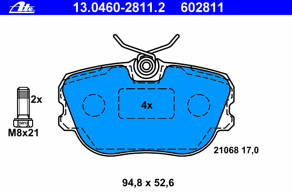 Комплект тормозных колодок, дисковый тормоз ATE 21068