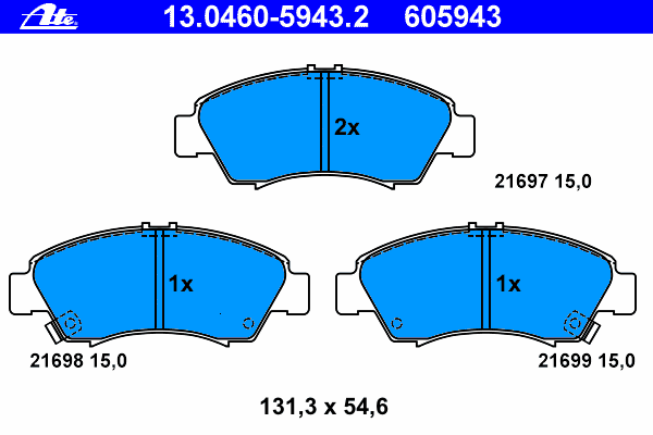 Комплект тормозных колодок, дисковый тормоз ATE 21697