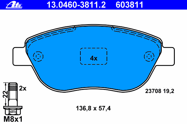 Комплект тормозных колодок, дисковый тормоз ATE 13.0460-3811.2