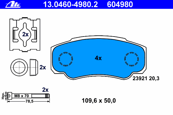 Комплект тормозных колодок, дисковый тормоз ATE 13.0460-4980.2