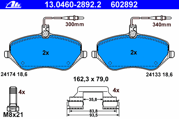 Комплект тормозных колодок, дисковый тормоз ATE 13.0460-2892.2