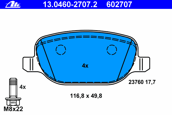 Комплект тормозных колодок, дисковый тормоз ATE 13.0460-2707.2