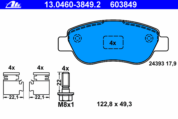 Комплект тормозных колодок, дисковый тормоз ATE 13.0460-3849.2
