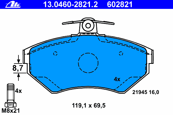 Комплект тормозных колодок, дисковый тормоз ATE 13.0460-2821.2
