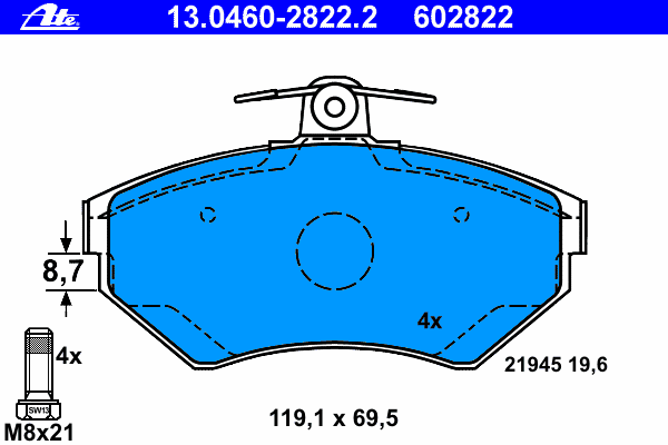 Комплект тормозных колодок, дисковый тормоз ATE 13.0460-2822.2