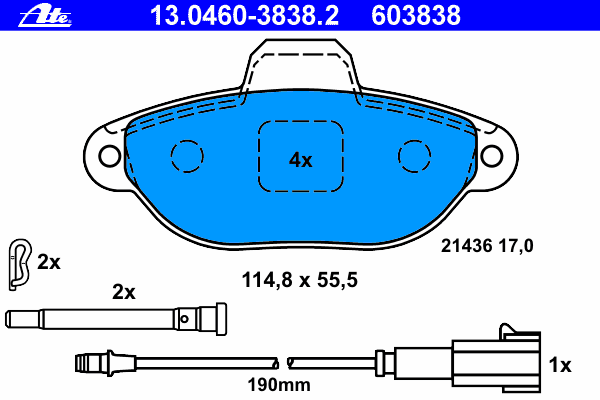 Комплект тормозных колодок, дисковый тормоз ATE 13.0460-3838.2
