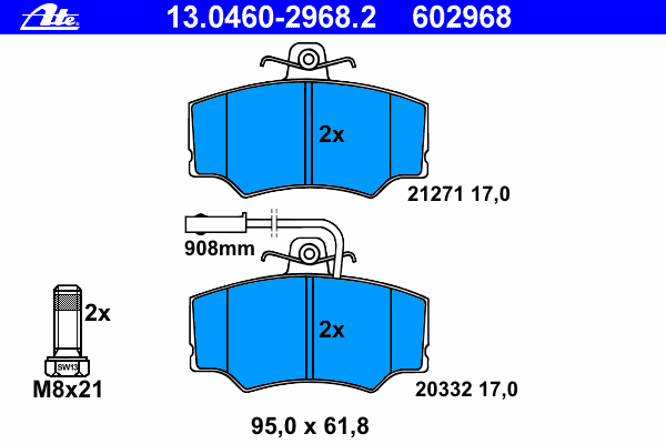 Комплект тормозных колодок, дисковый тормоз ATE 13.0460-2968.2