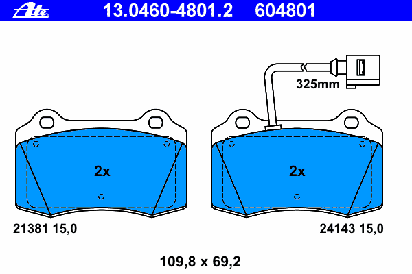 Комплект тормозных колодок, дисковый тормоз ATE 13.0460-4801.2