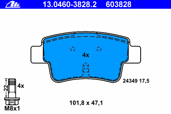 Комплект тормозных колодок, дисковый тормоз ATE 13.0460-3828.2