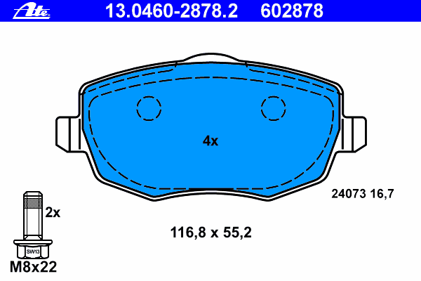 Комплект тормозных колодок, дисковый тормоз ATE 13.0460-2878.2