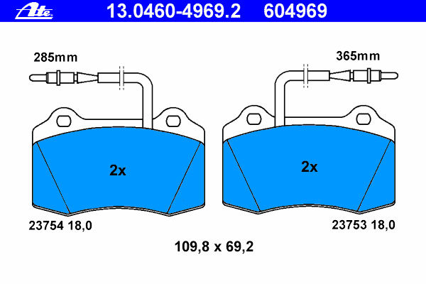 Комплект тормозных колодок, дисковый тормоз ATE 13.0460-4969.2