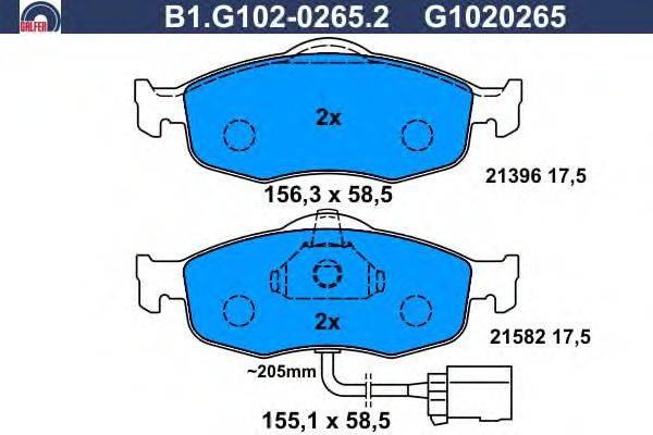 Комплект тормозных колодок, дисковый тормоз GALFER B1.G102-0265.2
