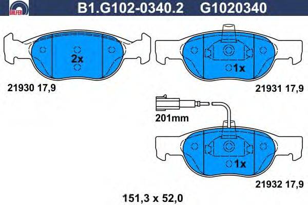 Комплект тормозных колодок, дисковый тормоз GALFER B1.G102-0340.2