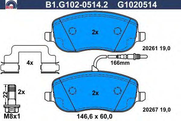 Комплект тормозных колодок, дисковый тормоз GALFER B1.G102-0514.2