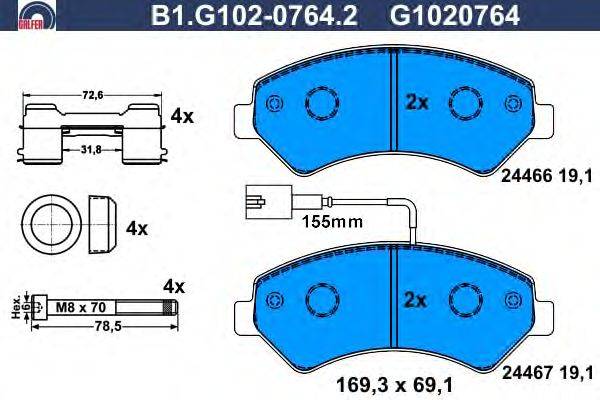 Комплект тормозных колодок, дисковый тормоз GALFER B1.G102-0764.2