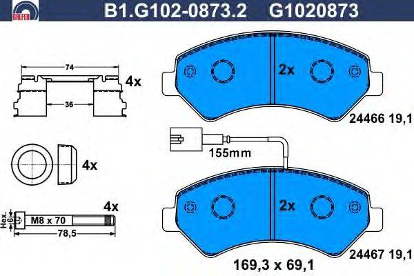 Комплект тормозных колодок, дисковый тормоз GALFER B1.G102-0873.2
