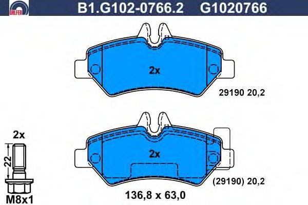 Комплект тормозных колодок, дисковый тормоз GALFER B1.G102-0766.2