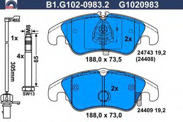 Комплект тормозных колодок, дисковый тормоз GALFER B1.G102-0983.2