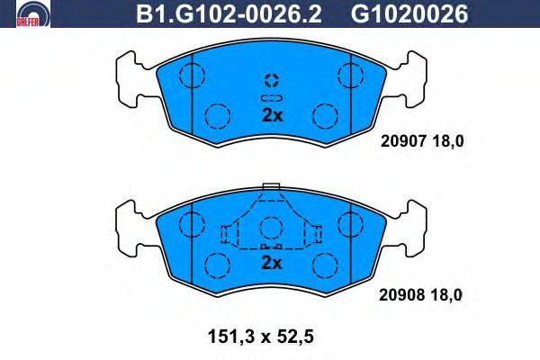 Комплект тормозных колодок, дисковый тормоз GALFER B1.G102-0026.2
