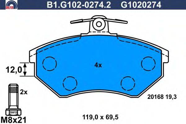 Комплект тормозных колодок, дисковый тормоз GALFER B1.G102-0274.2