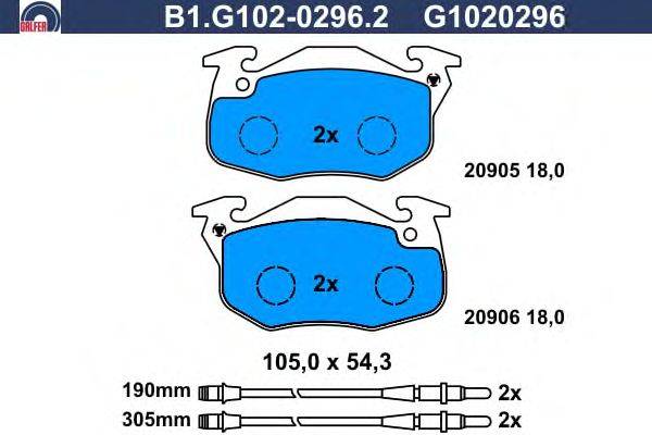 Комплект тормозных колодок, дисковый тормоз GALFER B1.G102-0296.2