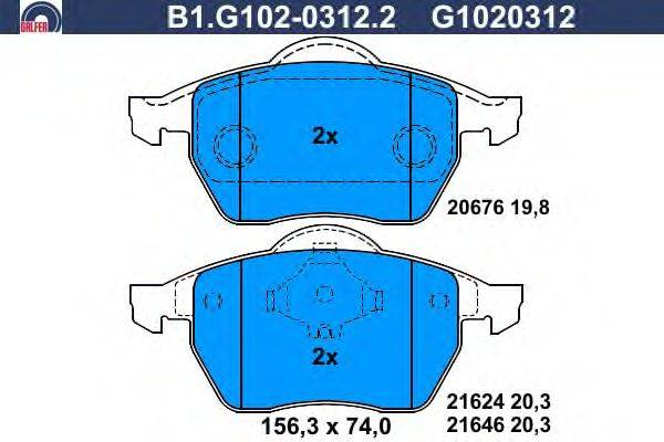 Комплект тормозных колодок, дисковый тормоз GALFER B1.G102-0312.2