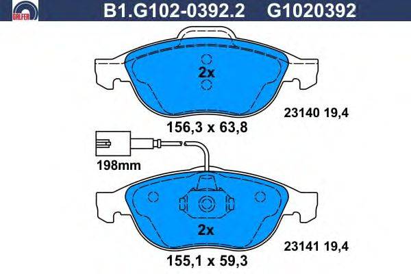 Комплект тормозных колодок, дисковый тормоз GALFER B1.G102-0392.2