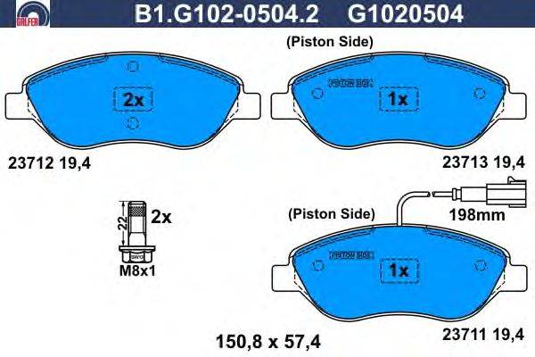 Комплект тормозных колодок, дисковый тормоз GALFER B1.G102-0504.2