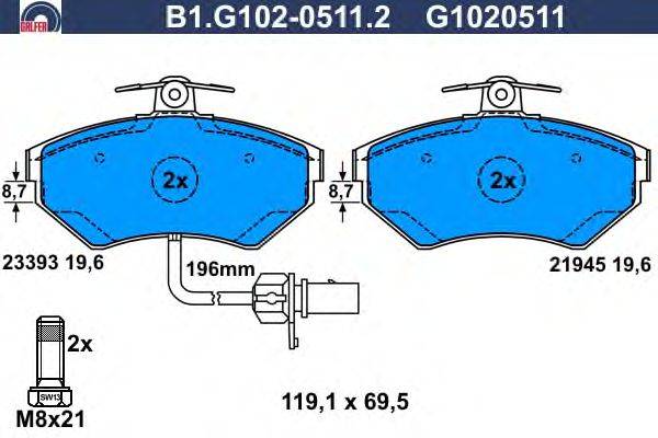 Комплект тормозных колодок, дисковый тормоз GALFER B1.G102-0511.2