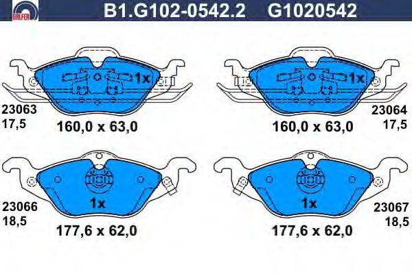 Комплект тормозных колодок, дисковый тормоз GALFER B1.G102-0542.2