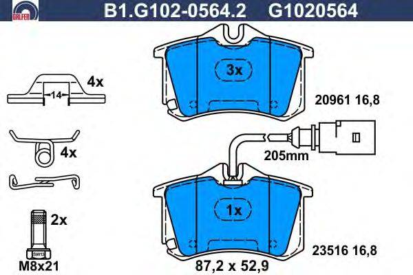 Комплект тормозных колодок, дисковый тормоз GALFER B1.G102-0564.2