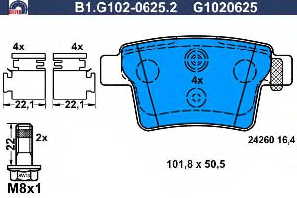 Комплект тормозных колодок, дисковый тормоз GALFER B1.G102-0625.2
