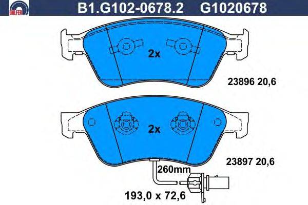 Комплект тормозных колодок, дисковый тормоз GALFER B1.G102-0678.2