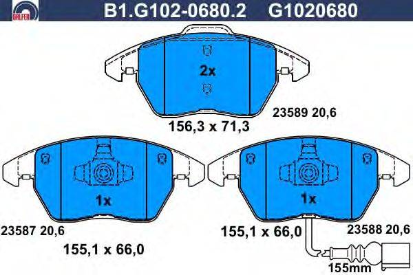 Комплект тормозных колодок, дисковый тормоз GALFER B1.G102-0680.2