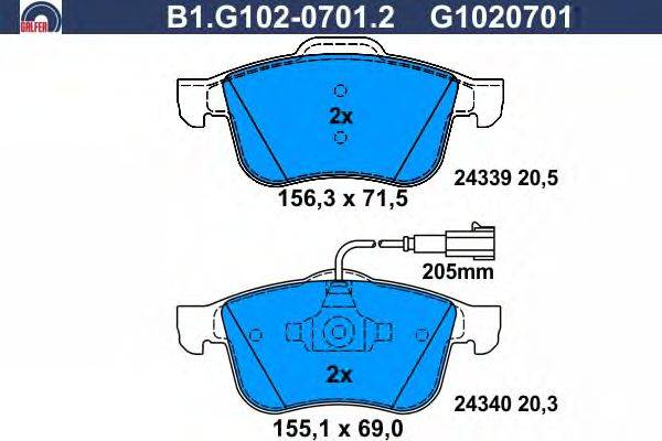 Комплект тормозных колодок, дисковый тормоз GALFER B1.G102-0701.2