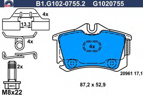 Комплект тормозных колодок, дисковый тормоз GALFER B1.G102-0755.2