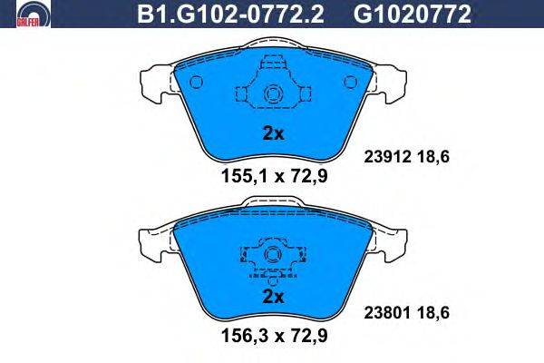 Комплект тормозных колодок, дисковый тормоз GALFER B1.G102-0772.2