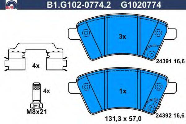 Комплект тормозных колодок, дисковый тормоз GALFER B1.G102-0774.2
