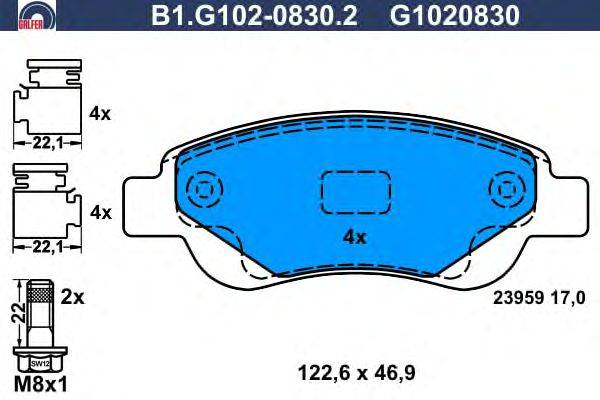 Комплект тормозных колодок, дисковый тормоз GALFER B1.G102-0830.2