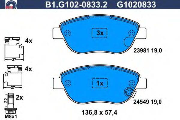 Комплект тормозных колодок, дисковый тормоз GALFER B1.G102-0833.2