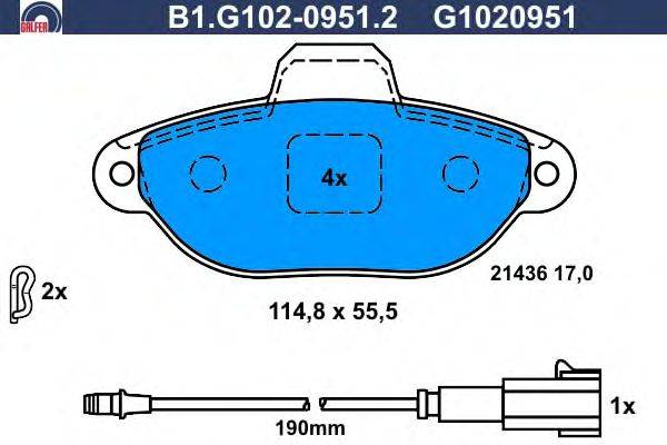 Комплект тормозных колодок, дисковый тормоз GALFER B1.G102-0951.2
